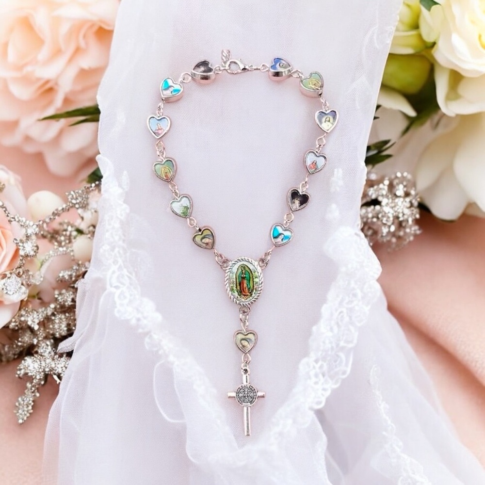 Lovely Heart Shaped Cross Pendant Rosary Bracelet, Virgin Charm Silver Plated‎